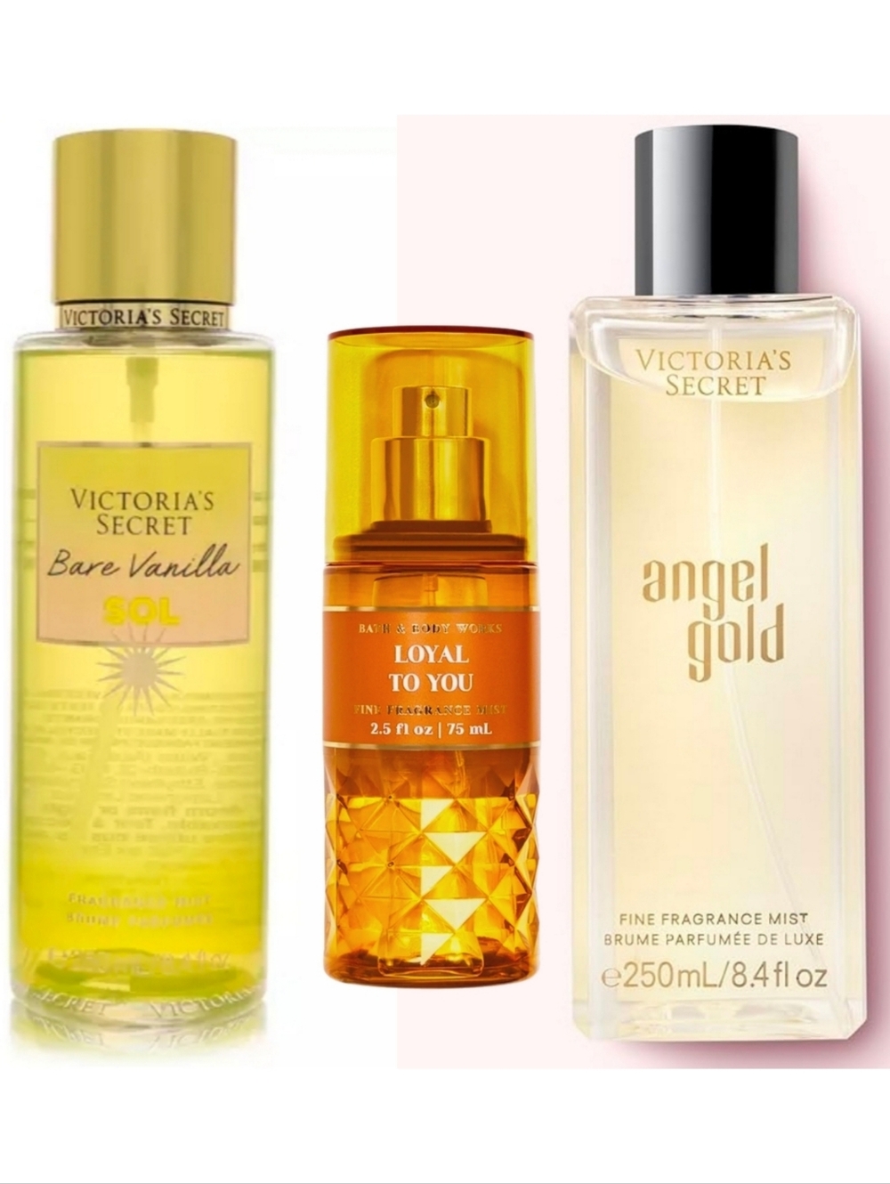 Victoria"s Secret Perfumes Body Mist; Angel Gold, Loyal To You, Bare Vanilla Sol